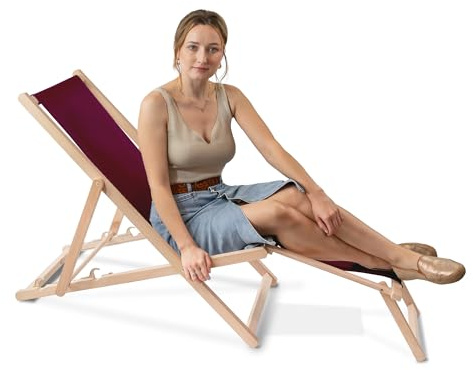 DreamRoots Liegestuhl klappbar Holz mit fußteil bis zu 130 kg belastbar, 3-Fach verstellbare Rückenlehne, waschbarer Polyesterbezug