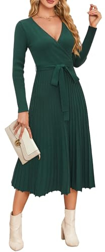 Newshows Jumper Dress for Women UK Ladies Sweater Dress Knitted Sweater Dresses with Belt for Autumn Winter Dark Green