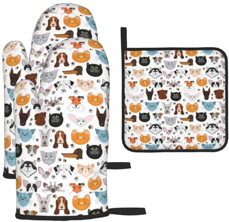 Set di guanti da forno e presine con stampa di cani e gatti in stile cartone animato, guanti da ristorante, cucina, forno, microonde