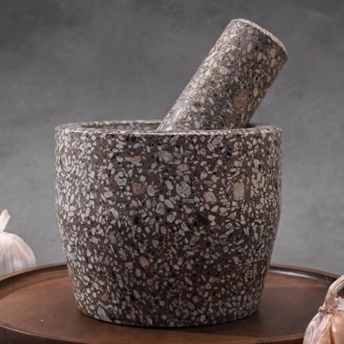 Mortier et pilon en pierre naturelle polie fabriqué à la main pour épices guacamole et la cuisine - Pichet à ail fait à la main pour les essentiels de cuisine