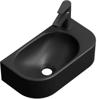EMKE Lavabo suspendu 400 x 215 x 120 mm - Lavabo compact et élégant pour petites salles de bains et toilettes d'invité - Robinet à droite, installation murale, noir mat