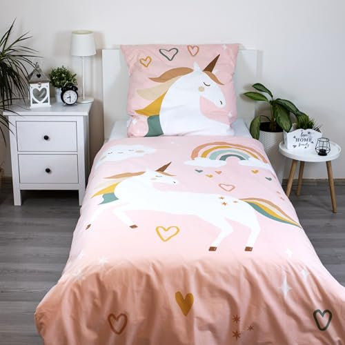 Theonoi Juego de ropa de cama infantil reversible, 135x200 y 80x80 cm, algodón, certificado Öko-Tex, tamaño estándar alemán, color rosa, unicornio, nubes