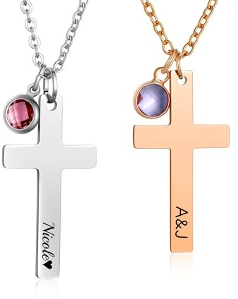Jaohi Personalisierte Kreuz Kette mit Gravur, Geburtsstein Halskette für Damen, Gold/Silber/Roségold (Stil-1)