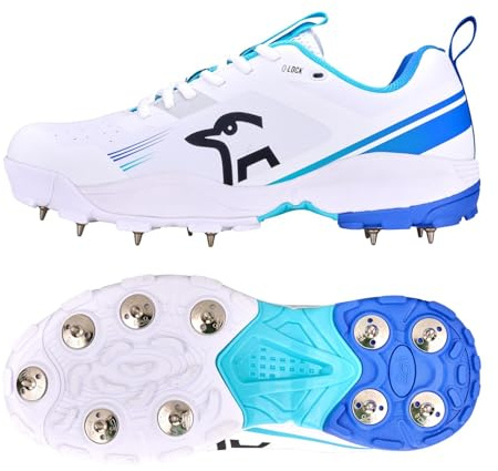 Kookaburra Mens Pro 4.0 Spike Cricket Shoe Senior Sizes White/Blue 9 UK