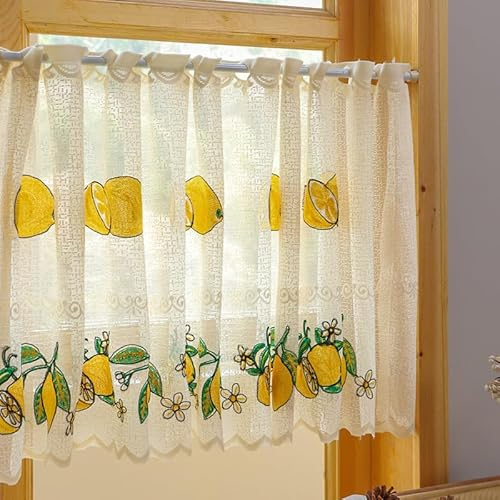 Daliena Scheibengardine Zitronen Stickerei Bistrogardine Spitze Gardinen mit Lochleiste Küchengardinen Modern Lichtdurchlässige Gardinen, Kurze Fenstervorhang (BxH 200x55cm) Beige 1 stück
