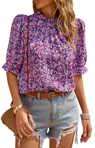 Awemeal Damen Sommer Boho Bluse Oberteil Elegant Rüschenbesatz Stehkragen Tuniken Blusenshirt Volant Kurzarm Casual Tunika T-Shirt Blumen Strand Top Shirt (L, Lila)