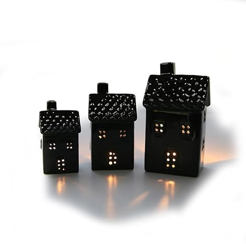 mucHome 1x Teelichthalter Haus Dekorative Schwarze Keramik Windlichter Teelicht Dekoartikel Wohnaccessoire