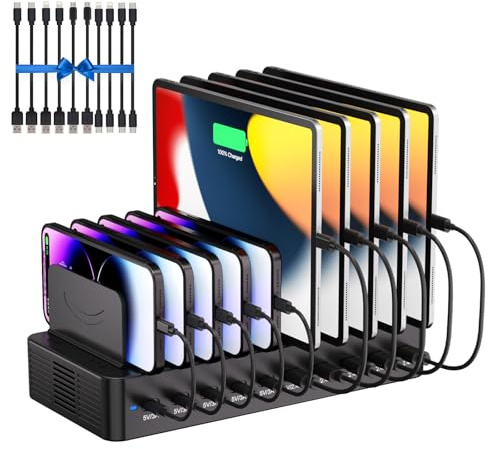 100W Charging Station for Multiple Devices, 10-Port USB Fast Charging Station with Adjustable Dividers & 10 Cables- Multi Device Organizer Charging Dock for iPhone, iPad, Tablets & More(Black)