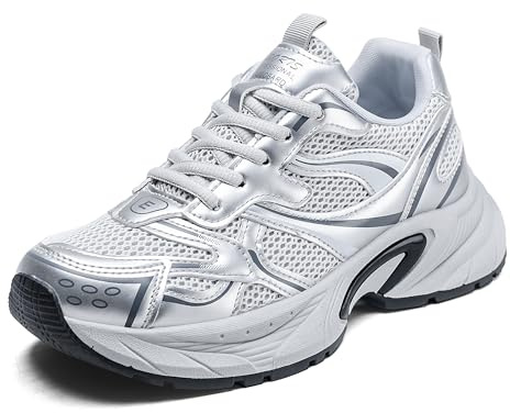 YCMM Women's Silver Gray Walking Shoes Lightweight Chunky Platform Mesh Sneakers Comfortable Athletic Style for Gym Workout & Daily Wear US 8
