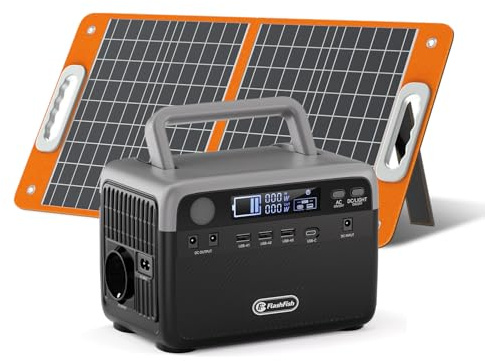 FlashFish 230,4 Wh Generateur Electrique avec Panneau Solaire 60W, Batterie LiFePO4 300W (crête 600 W) avec Ports CC, Ports USB, éclairage LED, Station Electrique pour Camping, RV, Panne de courant