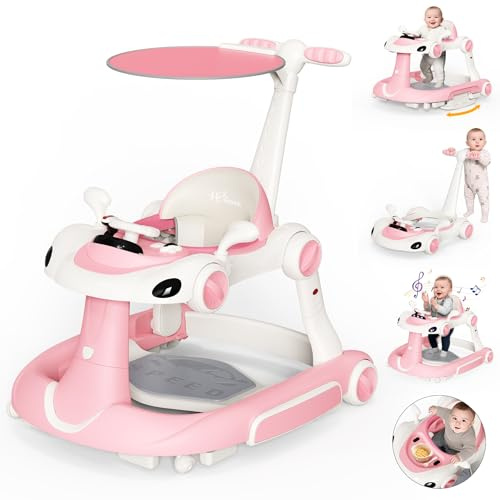 HAWEEK Baby Walker with Wheels, 7-in-1 Foldable Baby Walkers for Boys Girls 6-12 Months with Feeding Tray & Music, Lights,Rocker,Sun Canopy, Bouncing Pedal, Adjustable Wheel Speed, Push Walker (Pink)