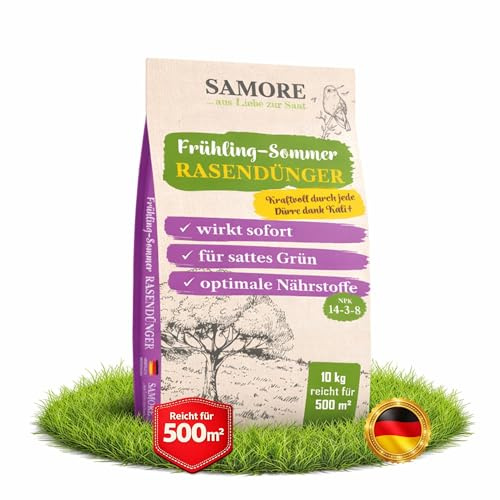 Samore Rasendünger Frühjahr/Sommer I Sofortwirkung für saftiges grün I 10 kg für 500 m² I gesunder Rasen verdrängt Moos und Unkraut I NPK Dünger Rasen I Gegen Trockenstress I Für den Streuwagen