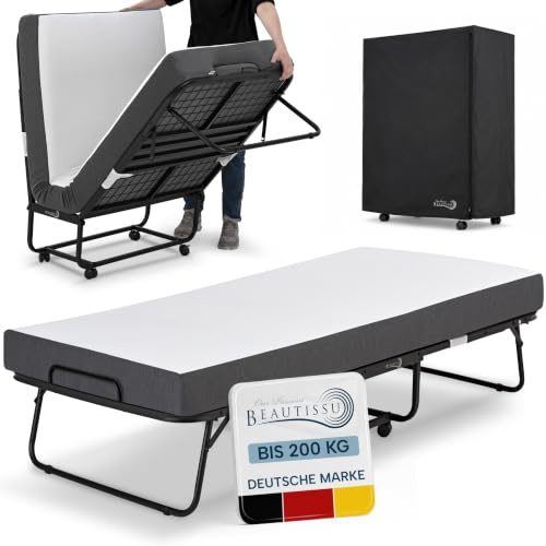 Beautissu Cama Plegable 90x200 cm con Colchón de 13 cm, Espuma Viscoelástica, Cama Auxiliar para Adultos hasta 200 kg, Cama con 4 Ruedas con Freno, Ahorro de Espacio con Funda - Traumkraft D