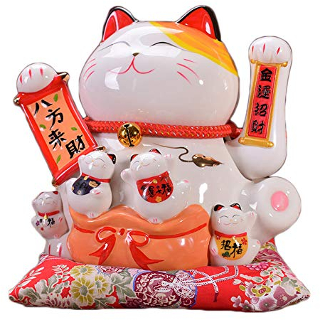 Mkuha Maneki Neko Porcelana Gato de la Suerte Afortunado Gato agitando el Brazo Waving Arm Lucky bendición,Blanco L21*W18*H24cm, 3