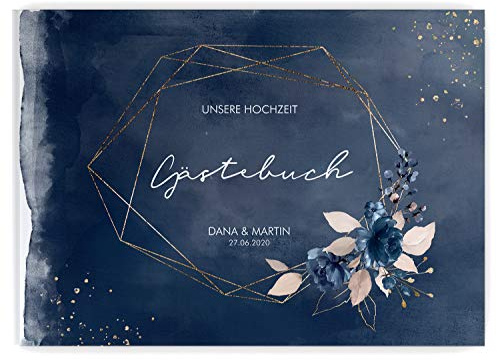 DeinWeddingshop Gästebuch zur Hochzeits - PERSONALISIERT mit Namen & Datum - Hardcover Buch, 104 Seiten, DIN A4 quer | Hochzeitsgästebuch (Inhalt mit Fragen, Watercolor Breeze Blau)