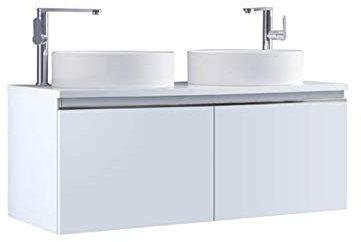 StoneArt Badmöbel Set Mineralguss Waschbecken Waschschale Aufsatzwaschbecken und Unterschrank Waschtisch Einzel- oder Doppelwaschbecken Milano ME-1200pro-6 weiß 120cm