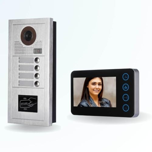 BT Security Portier interphone vidéo Modern 2 Fils - 4 Appartements - 4 écrans Noirs - avec Lecteur de Badge