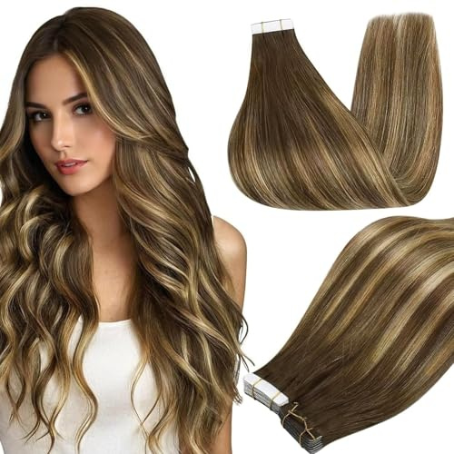 Full Shine Balayage Hair Extensions Tape in 12Inch Tape in Extensions Real Human Hair Color 4 Medium Brown Ombre 24 Honey Blonde Highlight 4 Brown Seamless Skin Weft Tape ins 30Gram 20Pcs