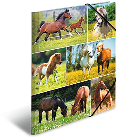 HERMA Sammelmappe A4 Pferde, Kinder Eckspanner-Mappe aus Pappe mit Tier Motiv, Gummizug, Innenklappen und Innendruck für Jungen und Mädchen