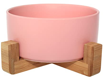 Ciotola in ceramica con supporto in bambù per cani e gatti, ciotola rialzata per una posizione comoda mentre si mangia e si beve, opzioni, capacità 850 ml (rosa)