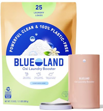 BLUELAND Oxi tvättboosterpulver startset – miljövänlig plastfri oxyrengörare – växtbaserad fläckborttagare – doftande klar himmel – 499 g, 25 carg