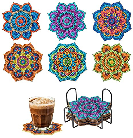 Diamond Art Coasters, 6 sous-verres peinture diamant DIY Art et artisanat Peinture sous-verres avec support pour boissons adultes et enfants