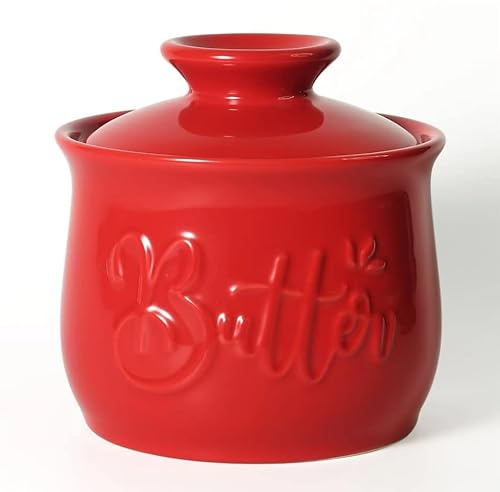 MAIA Red Ceramic Butter Crock 5.5 oz for Counter with Water Butter Spreader Holder for Spreadable Butter French Butter Dish with Lid Butter Keeper on Kitchen Counter Red Kitchen Décor