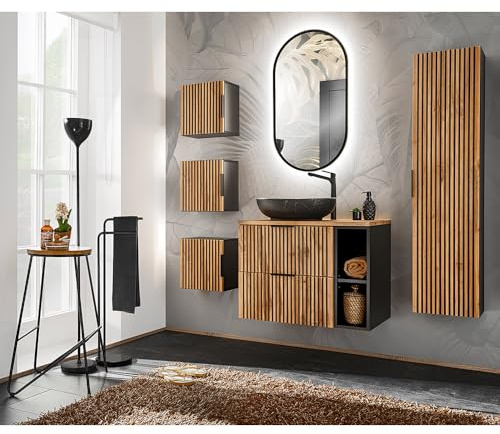 Lomadox Ensemble de meubles de salle de bain anthracite avec lavabo de 80 cm avec lavabo à poser, armoire haute, 3 armoires suspendues, miroir, l/h/p : env. 180/200/46,5 cm