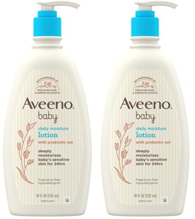 Aveeno Baby Daily Moisture Body Lotion for Sensitive Skin, Hypoallergenic Moisturizing Baby Lotion with Nourishing Oat to Deeply Moisturize Baby's Skin, Fragrance-Free, 18 fl. oz, 2 Pack