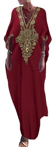 Bsubseach Oro Ricamo Abiti Kaftan Lunghi Collo V Caftano Abito Spiaggia Coprispalle per Donne Maroon