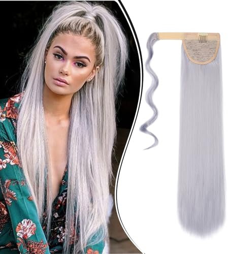 Dcbaboo Pferdeschwanz Haarteil Zopf Extensions Glatt Lang 55cm Gewickelt Ponytail Extension Haarverlängerung Zopf Clip in Synthetik Gerade Pferdeschwanz Extension Kunsthaar, Silber grau