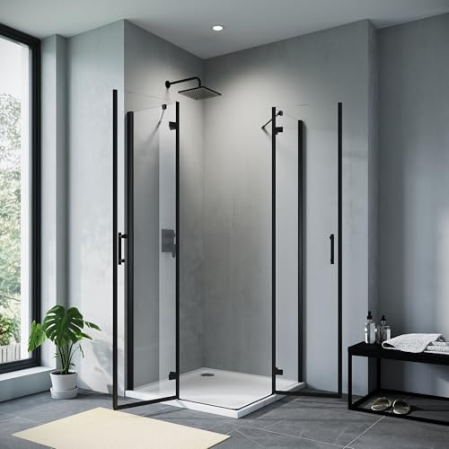 SONNI Duschkabine Eckeinstieg 100x100x195cm, Scharnier,6mm Nano-ESG,Schwarz | 6 mm Nano-ESG, stabile Edelstahl-Stabilisierungsstange, rahmenloses Design und Scharniertüren mit Öffnung nach außen