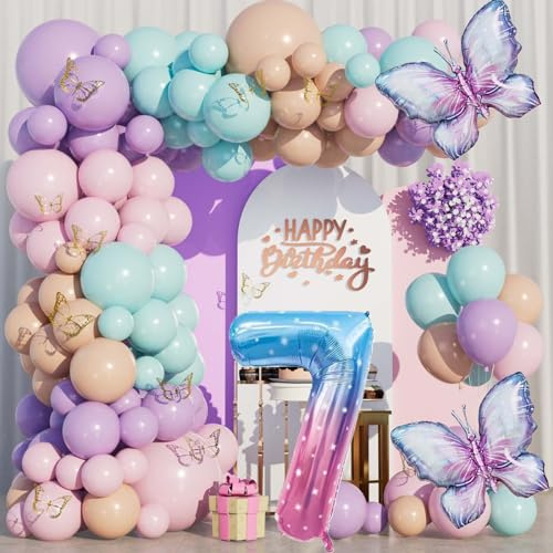 WINAROI 7 Jahre Geburtstag Deko, Schmetterlinge Deko geburtstag Mädchen 7 Jahre, Luftballon Girlande Schmetterling Lila, Schmetterling Party Set zum 7. geburtstag des Mädchens