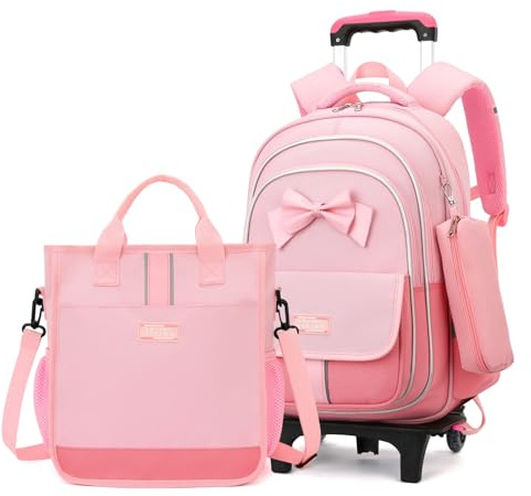 MITOWERMI Rolling Backpack for Girls 3Pcs Elementary School Bag Cute Bowknot Backpack with Wheels Girls Bookbags with Handbag Trolley Bags Kids Carry-On Luggage