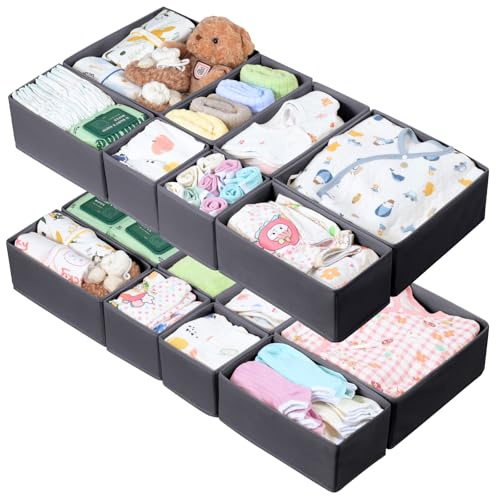 ORLISA 16er Set Schubladen Organizer kompatibel mit HEMNES Kommode andere Schubladensysteme, Faltbare Aufbewahrungsboxen für Kleidung, Modular einsetzbar für Kleiderschrank Wickelkommode, Grau