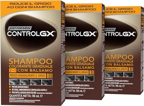 JUST FOR MEN Control GX 2 en 1 Champú 2 en 1 con acondicionador, reduce gradualmente el gris y proporciona un aspecto natural (paquete de 3 unidades)