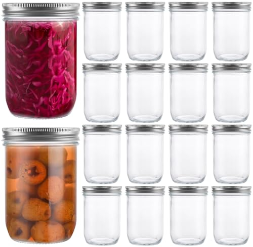 LDXDRU 18 Pack Glass Mason Jars with Lids, 500ml / 16oz Wide Mouth Food Storage Jars, Airtight Overnight Oats Jars Pickling Jars Canning Jars Salad Jars for Jam Breakfast Fruit