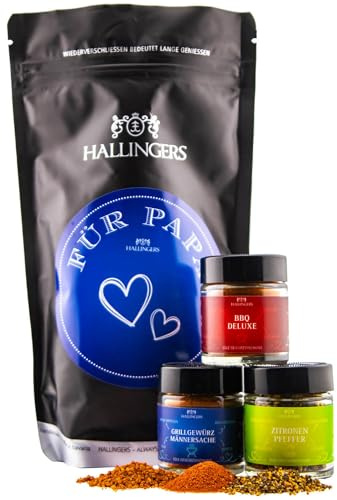 Hallingers Genuss Manufaktur Feinkost Vatertagsgeschenk-Set - wertig in der Wundertüte Für Papa kleines Mitbringsel Grill-Gewürze & Zitronen-Pfeffer im Miniglas, Geschenkidee für Papa Opa