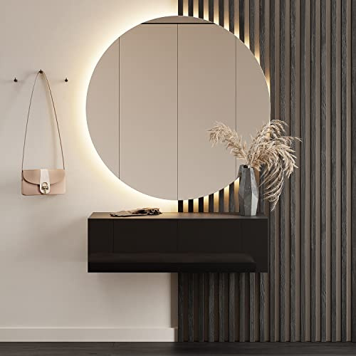 Planetmöbel Flurgarderobe 1x 100 cm inkl. Spiegel rund mit Beleuchtung 100 cm, Schwarz, Flur Möbel mit Spiegel, 37,8T x 100B x 32,5H cm