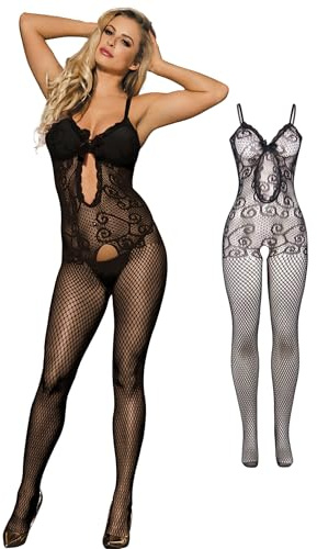 ohmydear Women's Fishnet Body Stockings Lingerie Outfits Plus Size | Sexy Bodysuit Lace Bodystockings, Hollow Out Mesh Babydoll Nightwear for Bedroom, XS-2XL