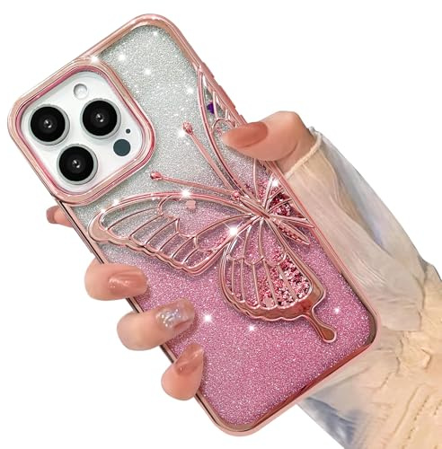 Tjkings Designed for iPhone 14 Pro Max Case Butterfly, [Glitter Card & Wrist Strap Lanyard] Bling Floating Liquid Butterfly for iPhone 14 Pro Max Case Cover for Women Girls,Pink.