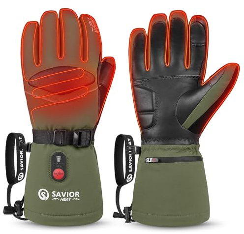 SAVIOR HEAT Heated Gloves for Men Heated Ski Gloves 10h Warm 7.4V 3000mAh Battery Thick Lining Waterproof Goatskin Palm Anti Loss Lanyard Outdoor Skiing Snowboarding for Winter (Green, Large)