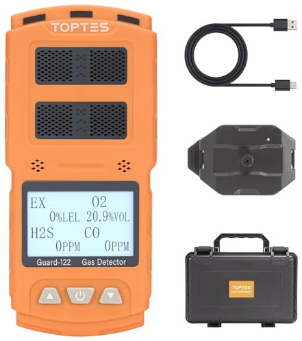 TopTes Guard-122 4 Gas Monitor Multi Gas Detector for H2S, CO, LEL, O2, 0.5s Response, Triple Alarms, Sensor Positioned at the Top for Unobstructed Detection, Safety Explosion-Proof for Work, Home