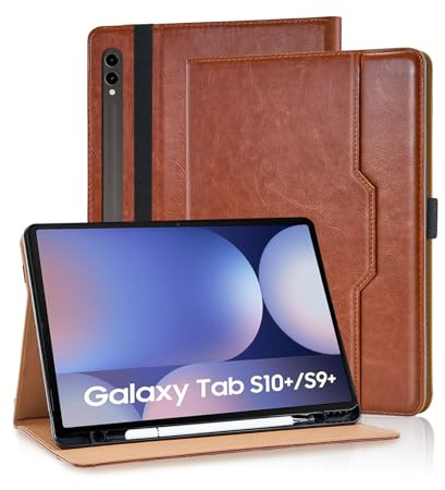 Vkooer Hülle für Samsung Galaxy Tab S10+ Plus/S9 FE+ Plus/S9+ Plus 12.4 Zoll mit Dokumentschlitze Premium PU Leder Segeltuch Folio Stand Schutzhülle Tasche Cover Case mit Auto Schlaf/Aufwach, Braun