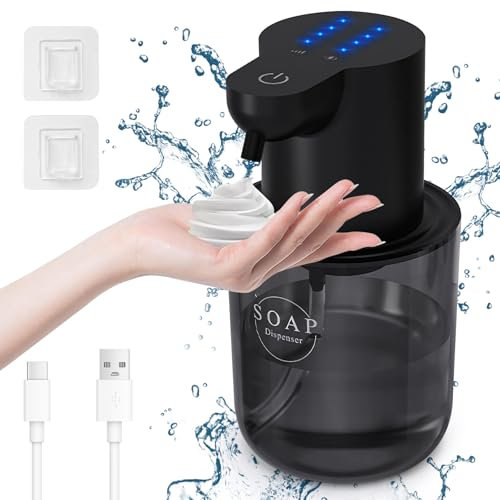Cuteefun Automatisch Schaum Seifenspender, 400ml Elektrischer Seifenspender mit Sensor, Anzeige des Batteriestands, 4-Stufig Einstellbares Flüssigkeitsvolumen, Wandmontage für Bad, Küche, Schwarz