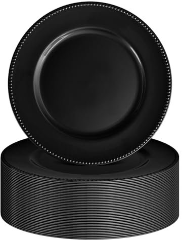 FXKS 36 Pcs Black Charger Plates Round Charger Plates13 Inch Bulk Wedding Dinner Elegant Reusable Plastic Chargers Plates Wedding Holiday Party Baby Shower Event Decoration (Black)