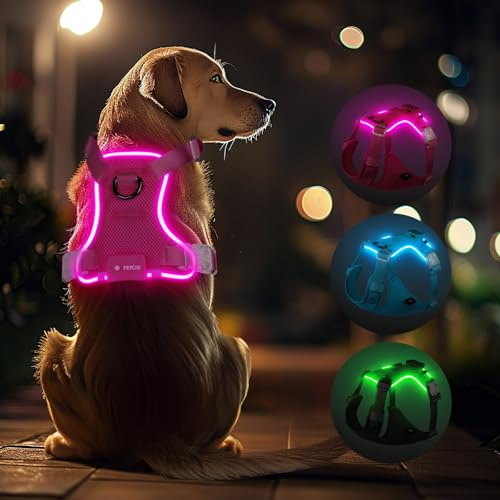 Feycig Hundegeschirr Leuchtend für Große Hunde - LED Hundegeschirr Aufladbar Einstellbar Reflektierendes Brustgeschirr, 3 Beleuchtungsmodi, Hohe Sichtbarkeit Leucht Geschirr (Rosa, Large)