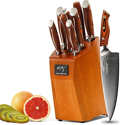 NANFANG VG10 Damascus Steel Kitchen Knife Set, Japanese Chef Knives with Wooden Handle, Sharp Knife Set for Cooking, Includes Beechwood Block – Premium Knives for Home & Professional Use (Red)