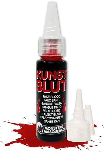 Monsters'n'Masquerade Kunstblut 25ml I Kunst Blut für Erwachsene für Haut & Textilien & Kostüme | Vampir Monster & Zombie I Halloween Fasching Schminke