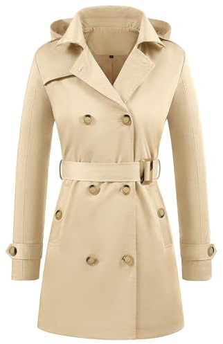 Yuson Girl Gabardina Mujer Doble Botonadura Abrigo Clásico Trench Chaquetas Impermeable con Capucha Casual Ligera Parka Cortaviento con Cinturón para Primavera Otoño(Caqui, M)